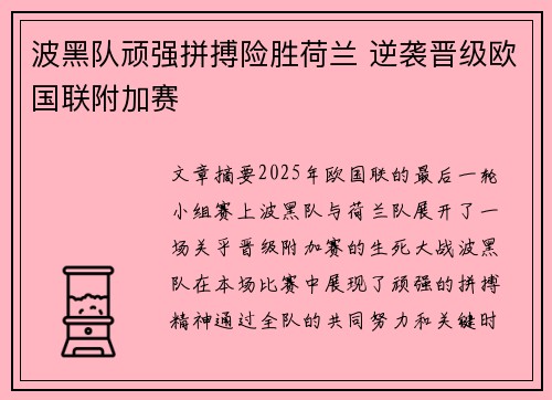 波黑队顽强拼搏险胜荷兰 逆袭晋级欧国联附加赛