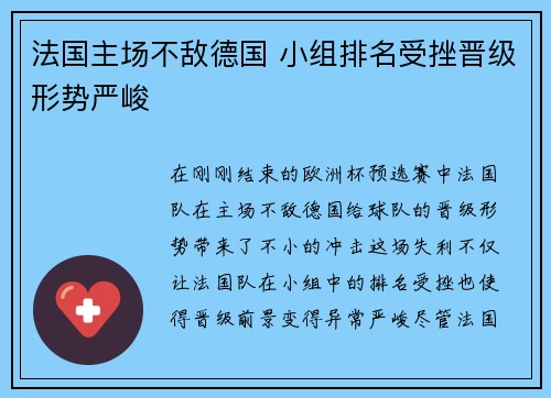 法国主场不敌德国 小组排名受挫晋级形势严峻